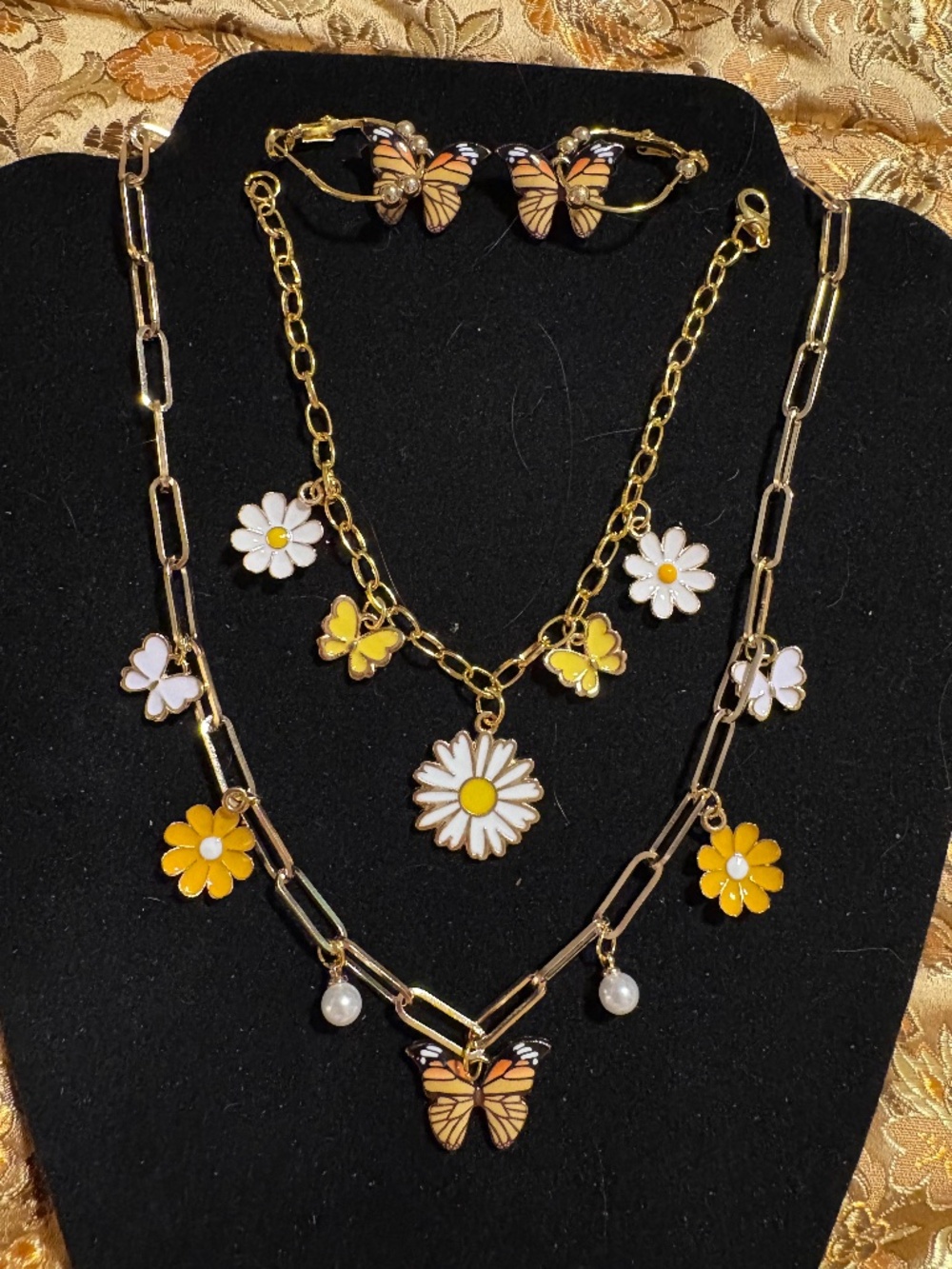 Handmade Monarch Butterfly Daisy Jewelry Set Necklace Bracelet Earrings